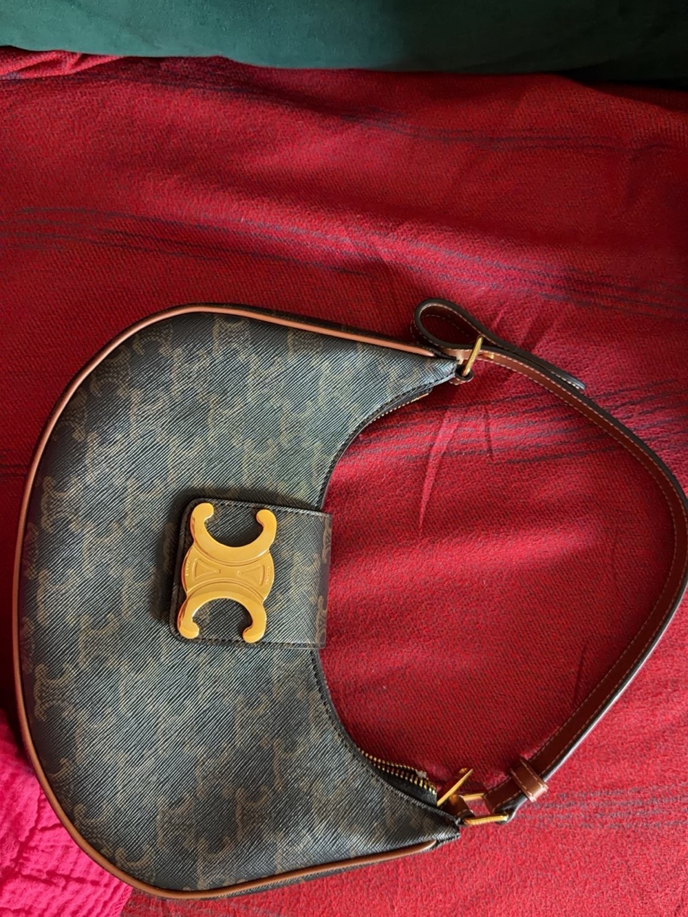 Celine Brown Canvas Crescent Shoulder Bag with Gold Clasp